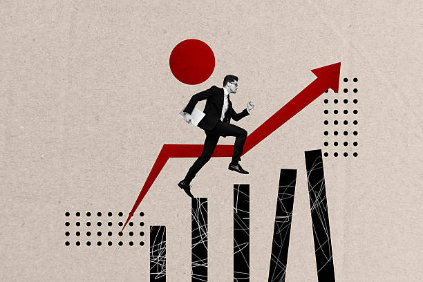 istock Composite photo collage of serious businessman run promotion arrow progress development chart carry laptop isolated on painted background 2229694649