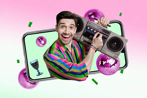 istock Composite trend artwork sketch collage of smartphone display young man appear screen cyberspace discoball dance nightclub boombox volume 2229694665