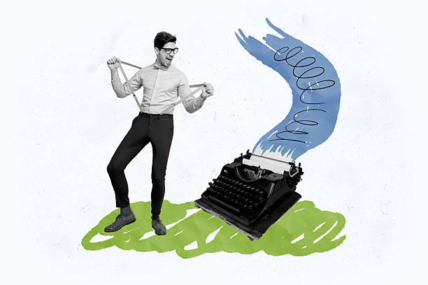 Composite trend artwork sketch image photo collage of monochrome student young guy stand model posing typewrite machine author writer book.