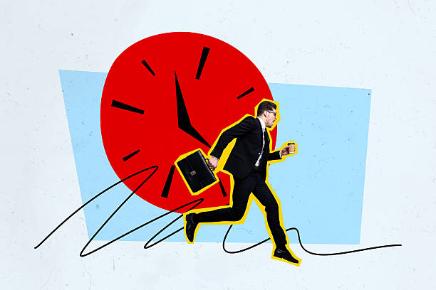 istock Composite trend artwork sketch image collage of trader young man business worker hand hold suitcase run hurry deadline clock time late 2229694702