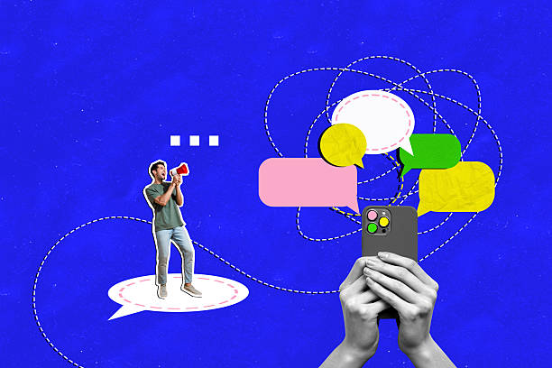 Trend artwork sketch image collage of blue color space speech cloud message two young man megaphone talk blogger influencer smartphone.