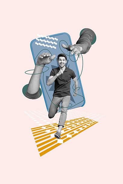istock Vertical composite collage image picture of mini guy run big arms smart phone isolated on creative background 2229695385