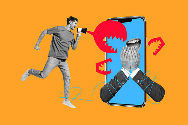 istock Collage young man scream announce proclaim loudspeaker internet mockery bullying touchscreen media shocked mouth face fragment hands 2229695404