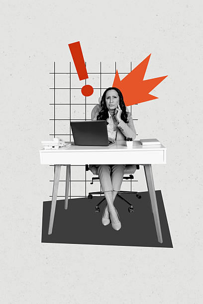 istock Composite trend artwork sketch image 3D photo collage of aged lady serious sit tablet work computer mind think exclamation symbol alert 2229695613