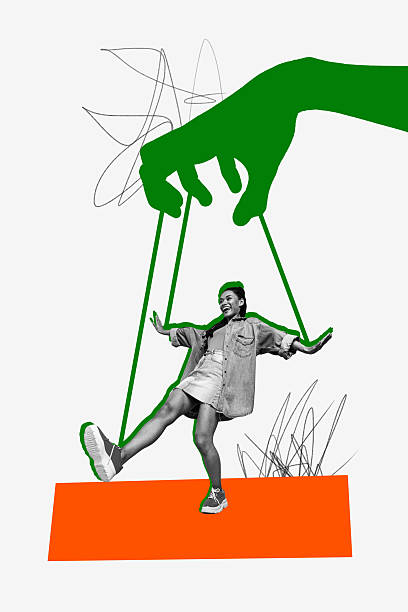 istock Vertical collage poster young woman marionette step go walk hand fingers pull strings control manipulation doll drawing doodles 2229695713