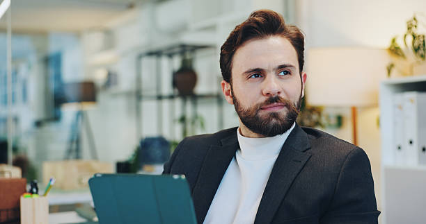 istock Thinking, research and tablet with business man in office for planning, idea and schedule appointment. Application solution, problem solving and reflection with person in agency for report insight 2229696620