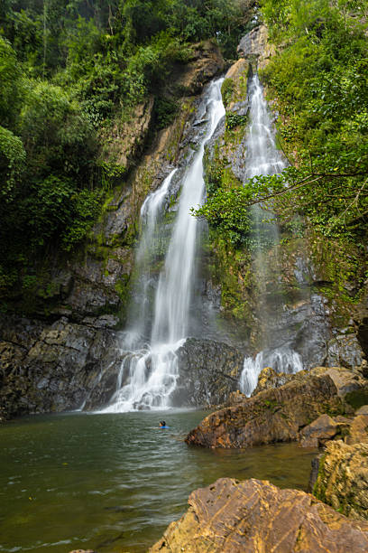 istock Waterfall in deep tropical rainforest with green rainy tree 2229699709
