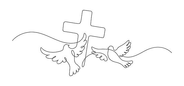 Christianity. Two doves and cross. Christianity. Two doves and cross. Continuous line drawing. Religion concept. Vector illustration. epiphany stock illustrations