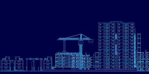 istock A detailed building blueprint features a prominent crane at the center, set against a dark blue background. The architectural design includes various shapes, visible windows, and doors. 2229702497