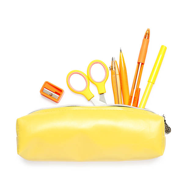 istock Pencil case with different stationery isolated on white, top view 2229714243