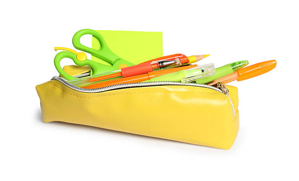 istock Pencil case with different stationery isolated on white 2229714266