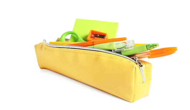 istock Pencil case with different stationery isolated on white 2229714275