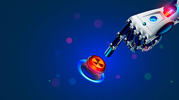 stockillustraties, clipart, cartoons en iconen met the robot hand presses the red nuclear button. a cyborg or robot presses the button to launch nuclear missiles with his index finger. ai is rebelling against humanity - oorlog