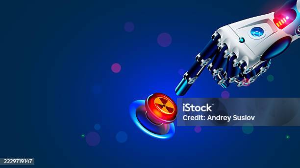 Button Robotics The Robot Hand Presses The Red Nuclear Button A Cyborg Or Robot Presses ...