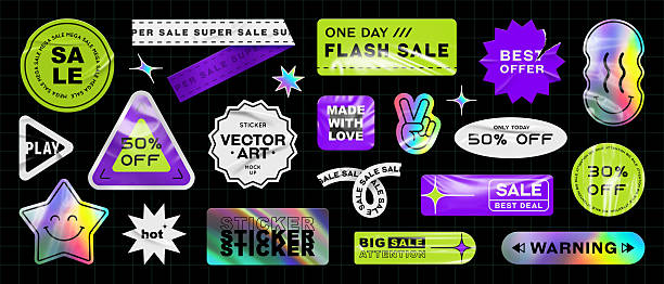 Collection of Holographic and Neon Sale Stickers. Includes Shiny Labels with Phrases Like '50% Off,' 'Flash Sale,' 'Best Offer,' and Fun Icons. Modern Gradient and Foil Effect for Trendy Designs.