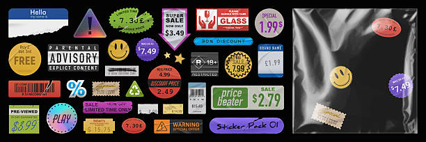 Sticker Label Pack with Retro, Modern, and Holographic Designs. Transparent Plastic Wrap Bag Mockup for Creative Package, Sale, and Branding Projects.