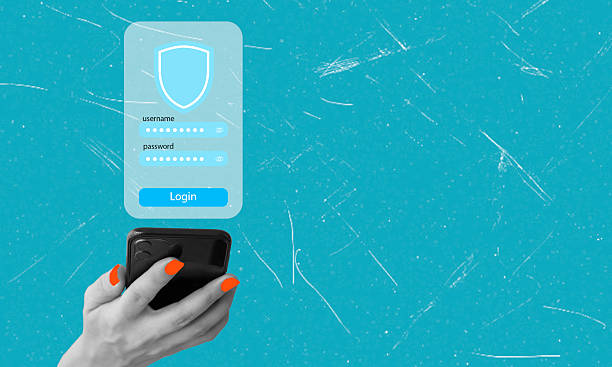 Art collage, Hand holding smartphone displaying login screen for secure online account access with bright blue background