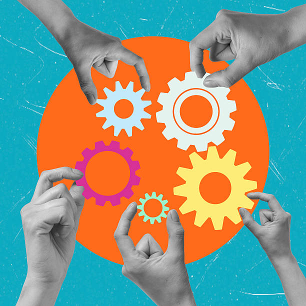 istock Art collage, Collaborating hands adjust gears in a vibrant design showcasing teamwork and creativity in a bright colored setting 2229723739