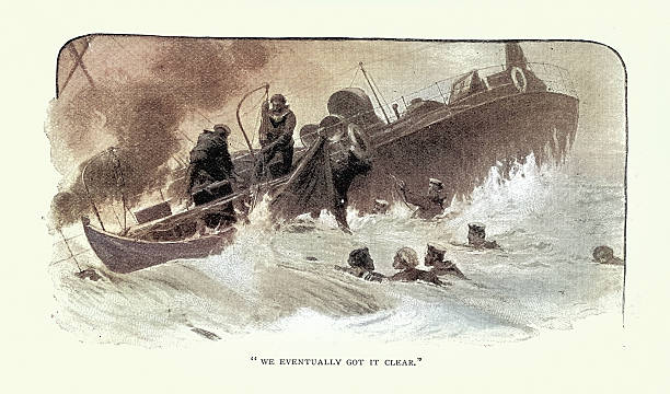 British Royal Navy sailors in sea, sinking ship, Scene from The Admiral's Misadventure, Design, Victorian Vintage Illustration 19th Century