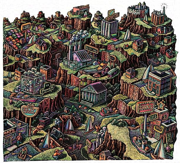 Commercial cityscape with locks and canals, representing internet business or tariffs
