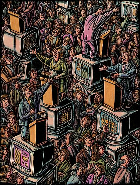politicians speak on podiums that are on top of computer monitors, crowds of voter citizens watch them.