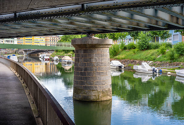 A serene view of a canal with moored boats, reflecting the surrounding greenery and architecture. A stone pillar supports a bridge overhead, creating a peaceful urban scene.