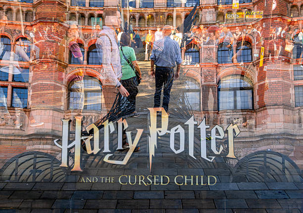 London, United Kingdom - June 24, 2025: A double exposure image featuring a theater facade and people walking, overlaid with the Harry Potter and the Cursed Child signage.