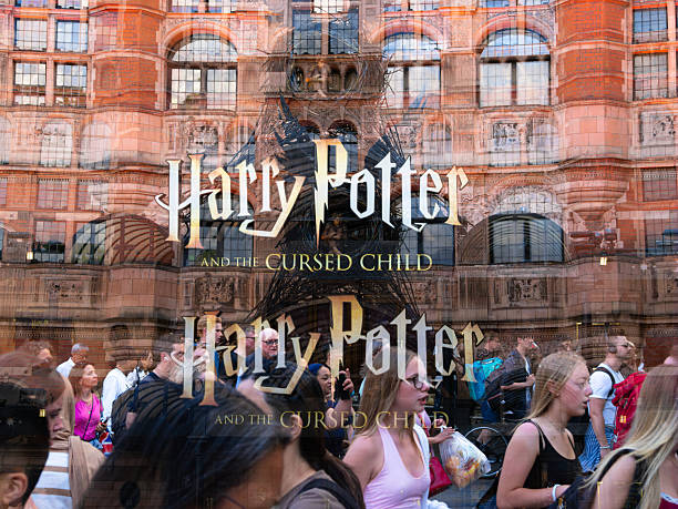 London, United Kingdom - June 24, 2025: Double exposure with a bustling crowd and signage displaying Harry Potter and the Cursed Child, set against a historic red-brick building.