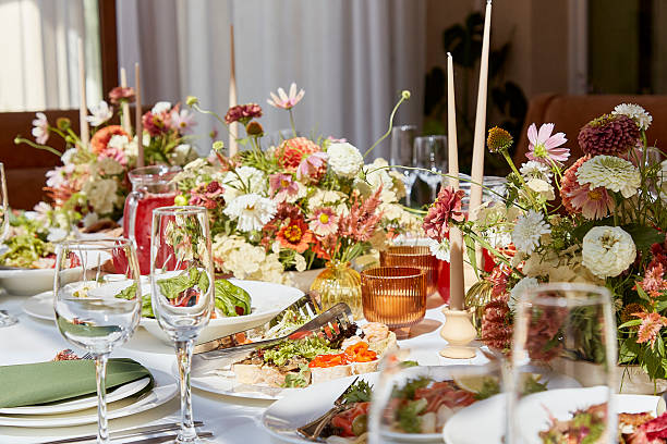 istock Aesthetics table setting with candles and flowers design. Restaurant chamber event in provence style 2229739741