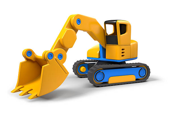 Toy style front shovel excavator on tracked frame. Three dimensional raster graphic illustration on white background designed to look like a toy or cartoon version of a construction vehicle. 3d image