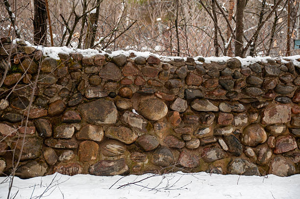 A rustic, stacked stone wall partially covered with snow at the top and bottom, with a bare forest visible in the background.