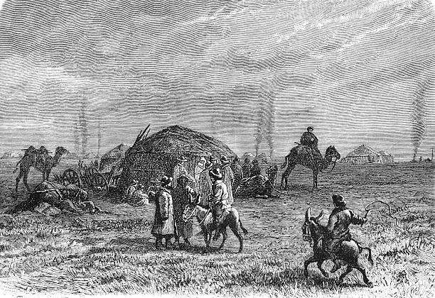 Kyrgyz encampment in the Turanian steppe. Old vintage illustration, 1899