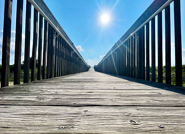 low angle view of a boardwalk pathway to the beach in South Bethany Beach Delaware