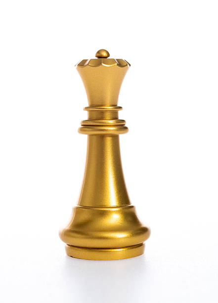 Golden queen chess piece on white background.