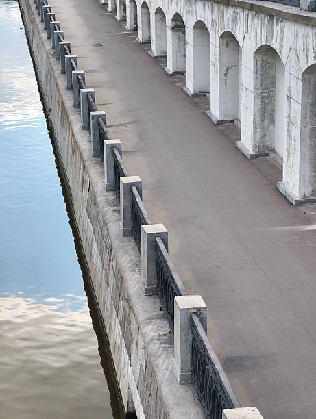 A concrete aqueduct with a series of arches runs alongside the Yauza River in Moscow, Russia. The image shows a walkway on top of the structure, with a view of the river on the left and the arched supports on the right