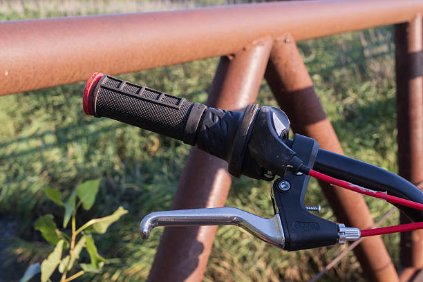 Close-up of a mountain bike handlebar with black grips and red brake cables on a rustic bridge with rusty metal railing and green plants.