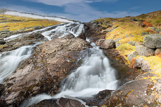 The view from the hiking trail in Joutunheimen National Park in Norway on a sunny day in autumn (late September). The image was captured with a full frame DSLR camera with a fast, sharp lens at low ISO resulting in a large, clean file. The image is part of a large series of photographs of Jotunheimen at various seasons.