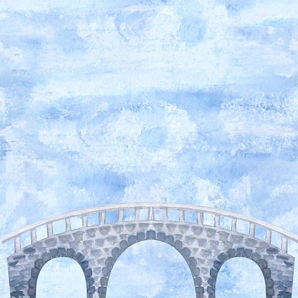 Stone arched bridge with white railings, set against a dreamy cloudy sky. Watercolor illustration. This hand-painted artwork is ideal for fairy tale scenes, children designs, and wall art compositions.