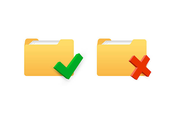 istock Yellow folder icons with green check mark and red cross – approve and reject file concept. Vector illustration. 2229768025