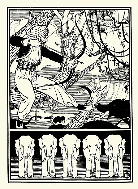 Mythology, Fantasy, Sindbad hunting elephants with bow and arrow, Scene from Seventh voyage of Sindbad the Sailor, Vintage illustration