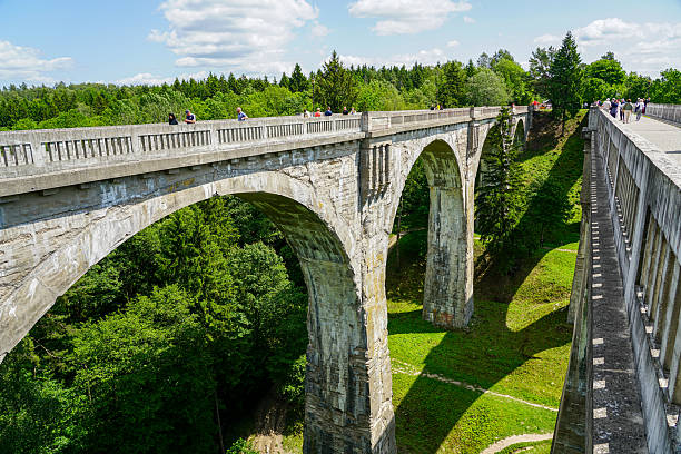 Stanczyki, Poland- June 21, 2025: The historic Stanczyki railway viaduct in Poland, captured with forest scenery and visitors walking on the bridge