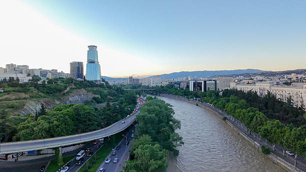 istock Aerial view on Kura river in May evening, sunset 2229780220