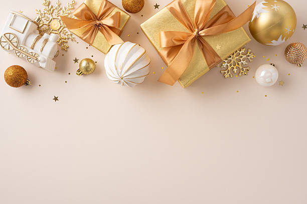 istock Elegant flat-lay image featuring shimmering gold presents, ornaments, and festive decor for celebrations 2229790828