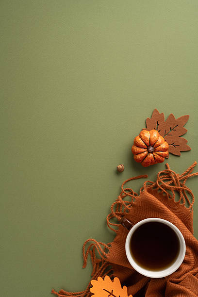 istock A cozy autumn-themed vertical arrangement featuring a coffee cup, pumpkin, leaves, and fabric. This inviting and seasonal composition conveys warmth, comfort, and the essence of fall 2229790931
