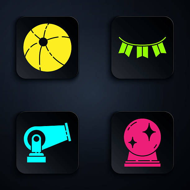 Set Magic ball, Beach ball, Cannon and Carnival garland with flags. Black square button. Vector