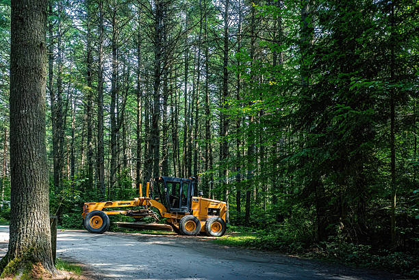 Pog Lake Campground, Algonquin Park Ontario, Canada, July 29 2025. This image shows a motor grader, a heavy construction machine used for leveling and maintaining unpaved roads, operating on a dirt road within the Pog Lake Campground in Algonquin Provincial Park, Ontario, Canada. Surrounded by dense forest, the grader smooths the path to ensure safe access for campers. A caution sign reading \