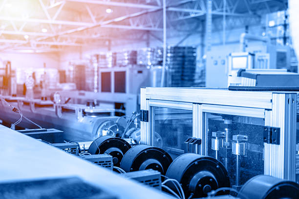 Automated industrial production line with modern machinery, conveyor system and high precision equipment for manufacturing, packaging, engineering and Industry 4.0 solutions.