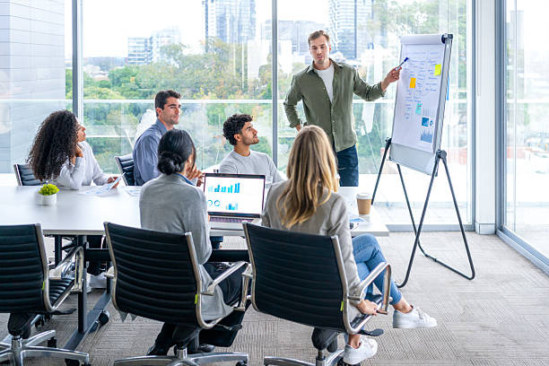 istock Business people watching a presentation on the whiteboard. A man is writing on the whiteboard with charts and graphs. 2229807610