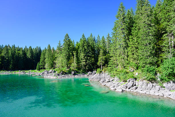 The beautiful blue green turquoise Fusine lake in Italy, in Friuli-Venezia Giulia.