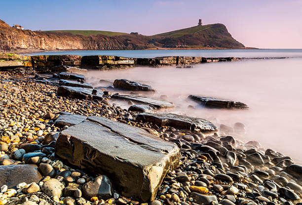 Golden hour at Kimmeridge on the Dorset Coast looking across rocks and sea